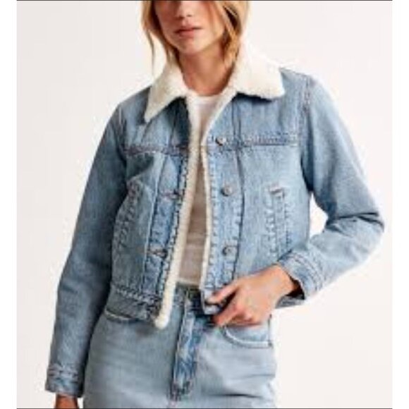 NWT Abercrombie & Fitch Sherpa Lined Button Down Blue Jean Jacket-sz Large - Picture 1 of 8